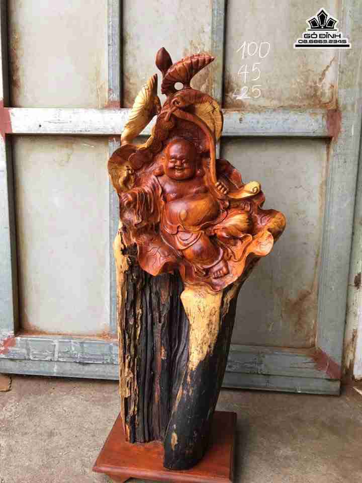 Phật di lặc ngồi lá sen gỗ hương  cao 100 rộng 45 dày 25 ( cả kỉ) (cm)