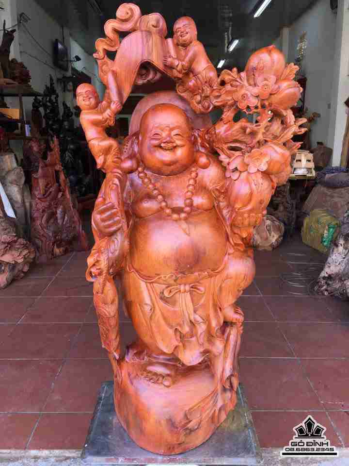 Phật di lặc nhị phúc vác cành đào gỗ hương  cao 105 rộng 60 sâu 35 (cm)