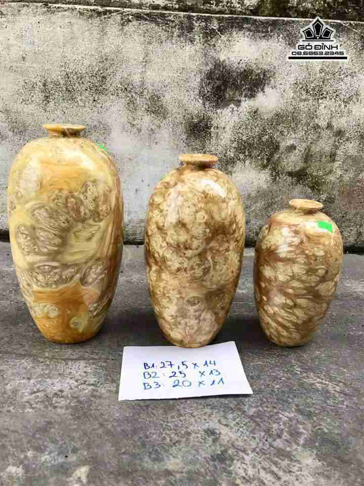 Bộ 3 bình phú quý gỗ nu nghiến  cao 27.5 đường kính 14, 25x13, 20x11 (cm)