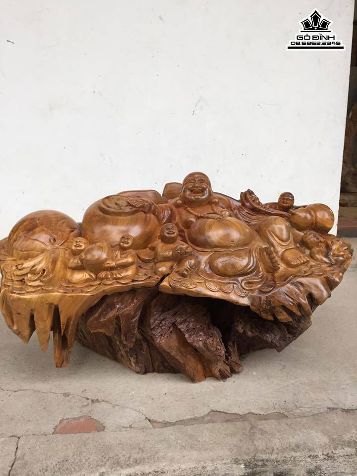 Phật di lặc ngồi ngũ phúc gỗ bách xanh  cao 48 rộng 88 dày 35 (cm)