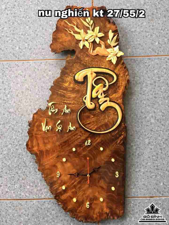 Đồng hồ chữ tâm gỗ nu nghiến  55x27x2