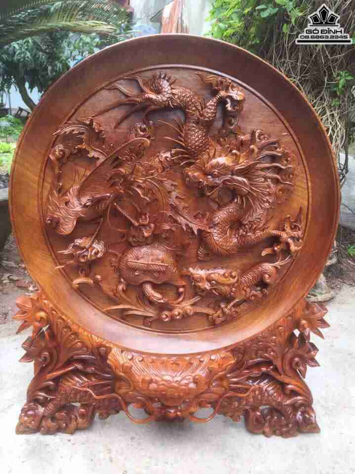 Đĩa tứ linh đục kênh bong gỗ hương  62x50x4