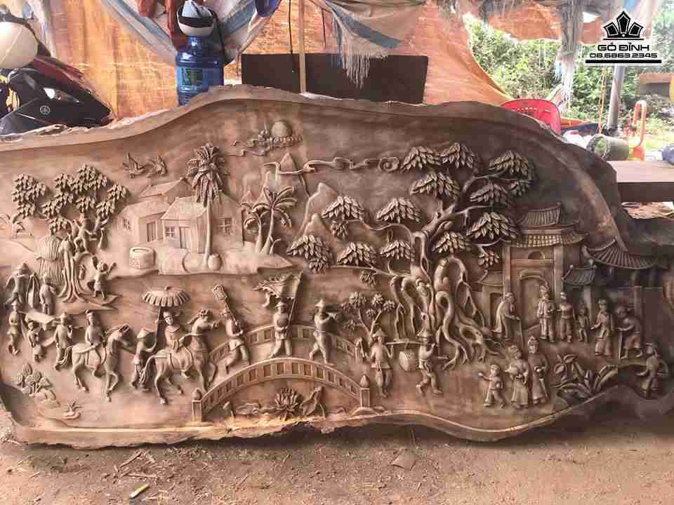 Tranh vinh quy bái tổ gỗ chun dổi  80x160x9