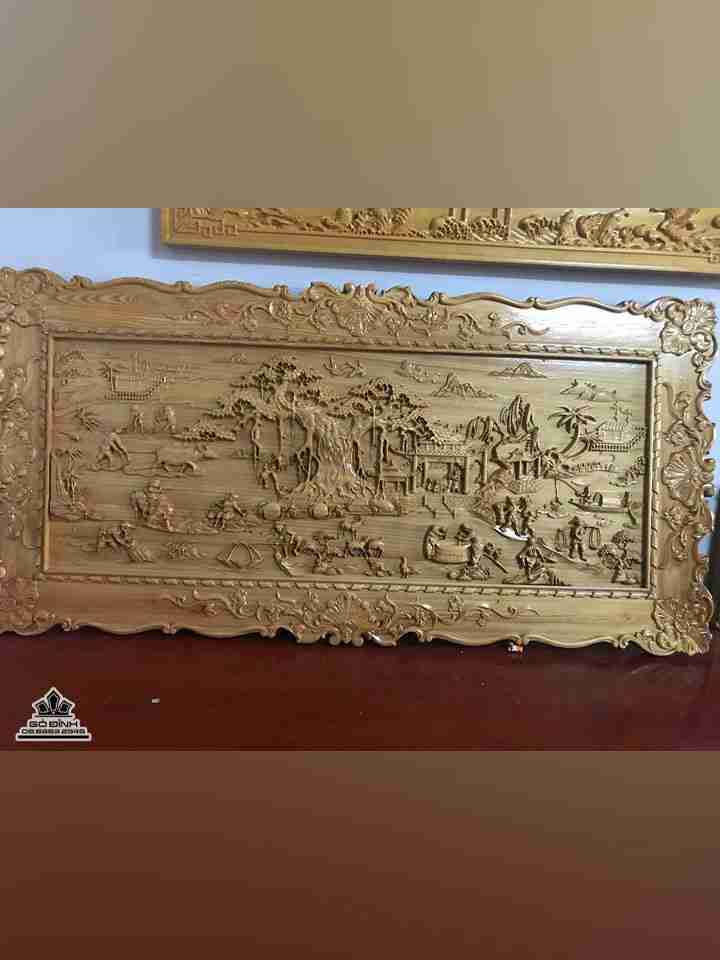 Tranh cảnh đồng quê gỗ pơ mu khung rời  cao 90 dài 1m8 dày 4.5 (cm)