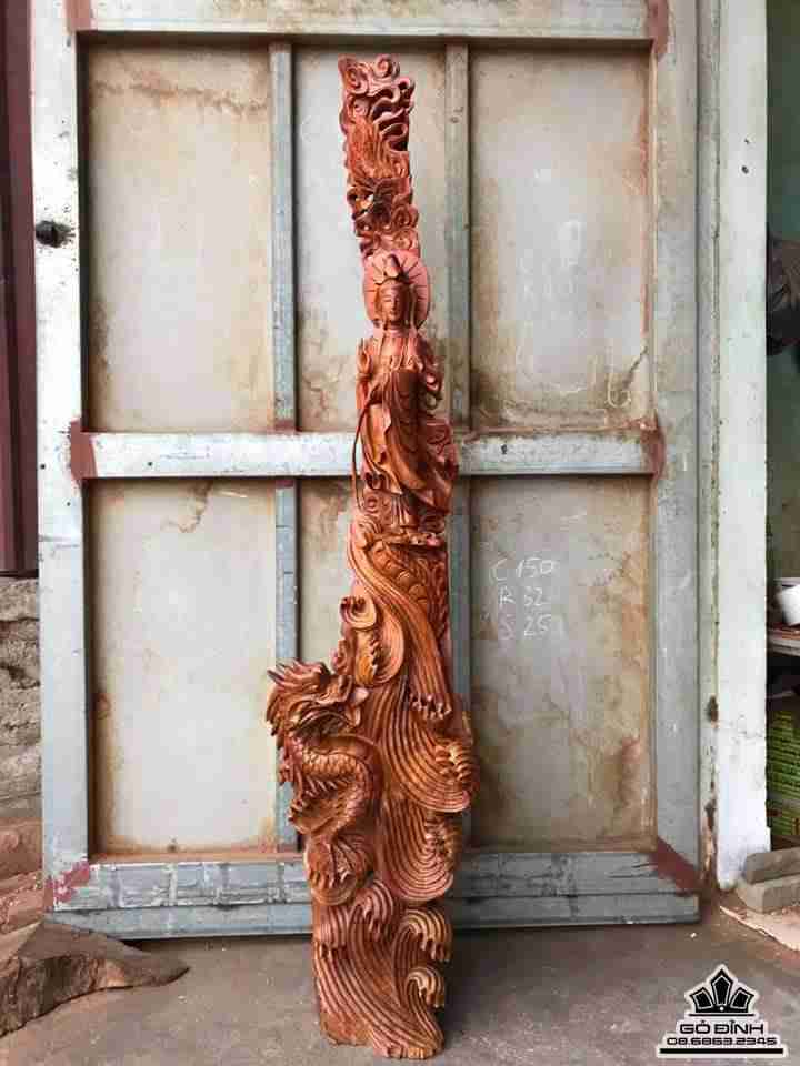 Phật Bà Quan Âm cưỡi rồng gỗ hương  1m50x32x25