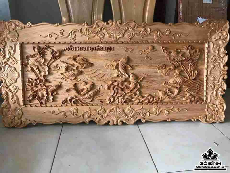 Tranh cửu ngư quần hôi khung rời gỗ pơ mu  70x1m50x4,5