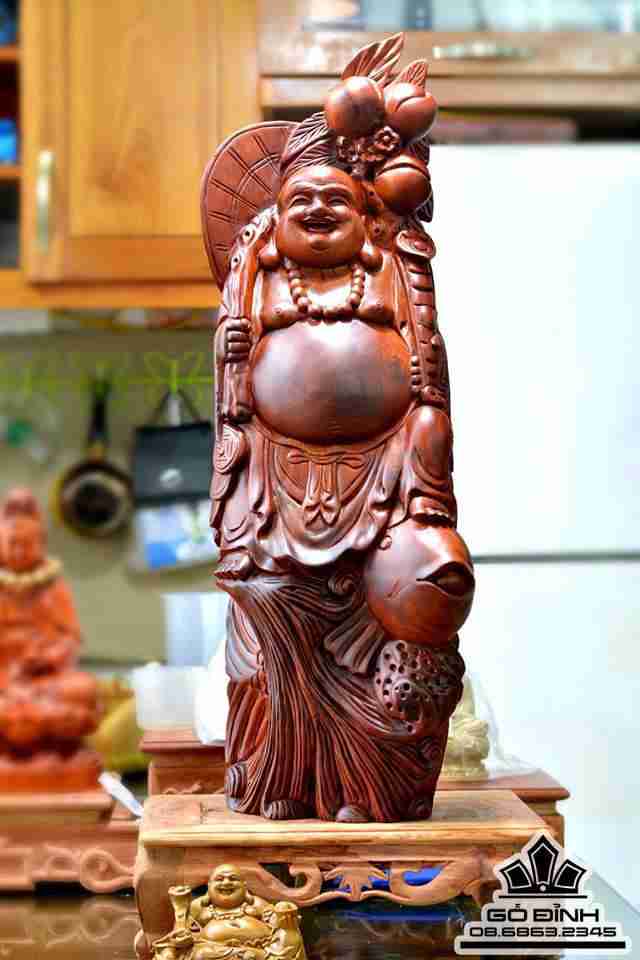 Phật di lặc cưỡi cá chép gỗ hương  70x21x21