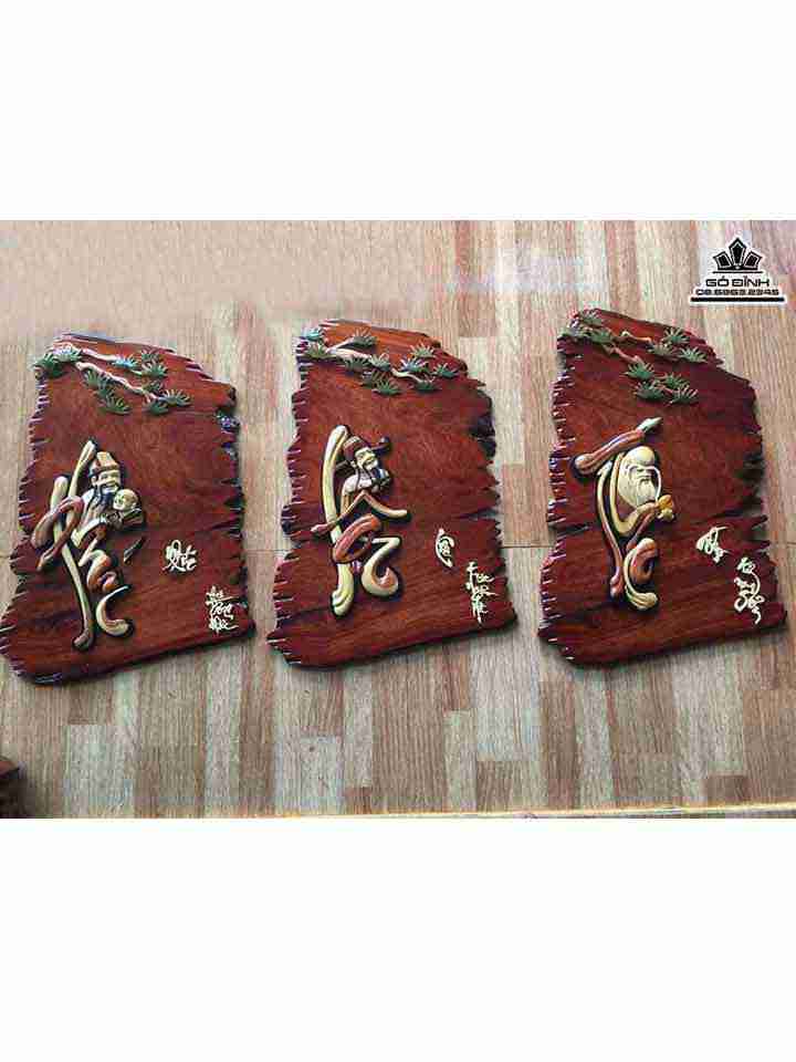 Tranh Phúc Lộc Thọ Gỗ Hương  Cao 55 Rộng 35 Dày 1.7 (cm)