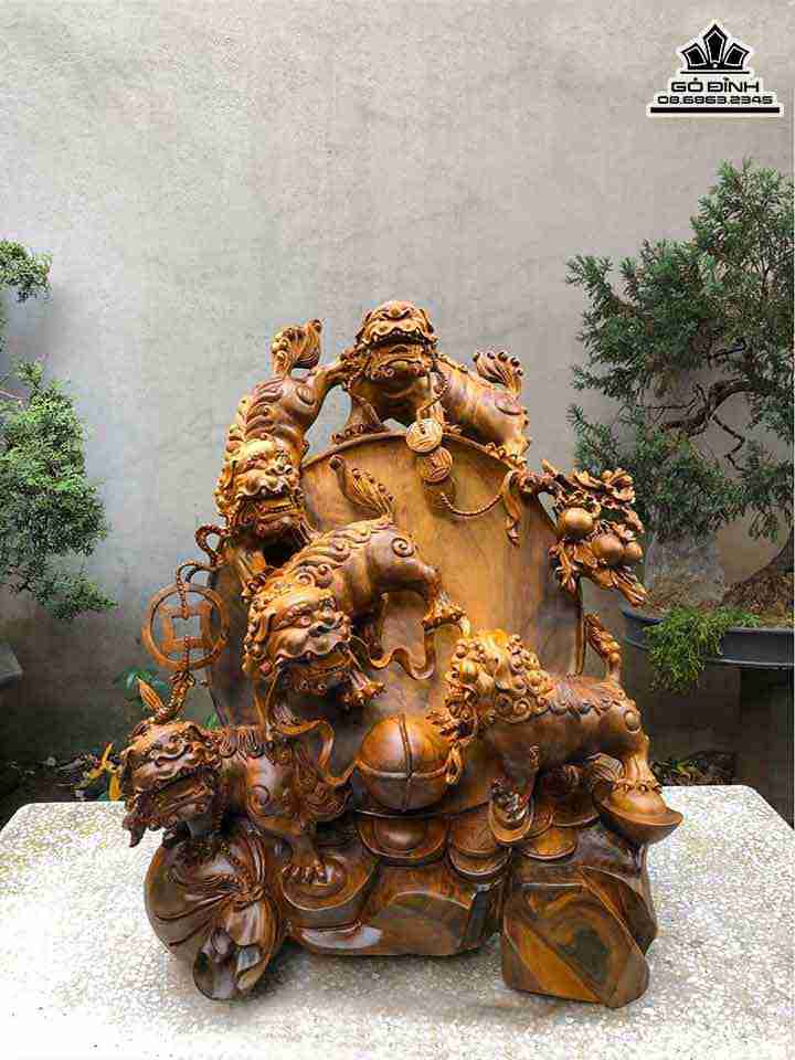 Tượng Ngũ Nghê Quần Hội Gỗ Bách Xanh  Cao 80 Ngang 62 Sâu 46 (cm)