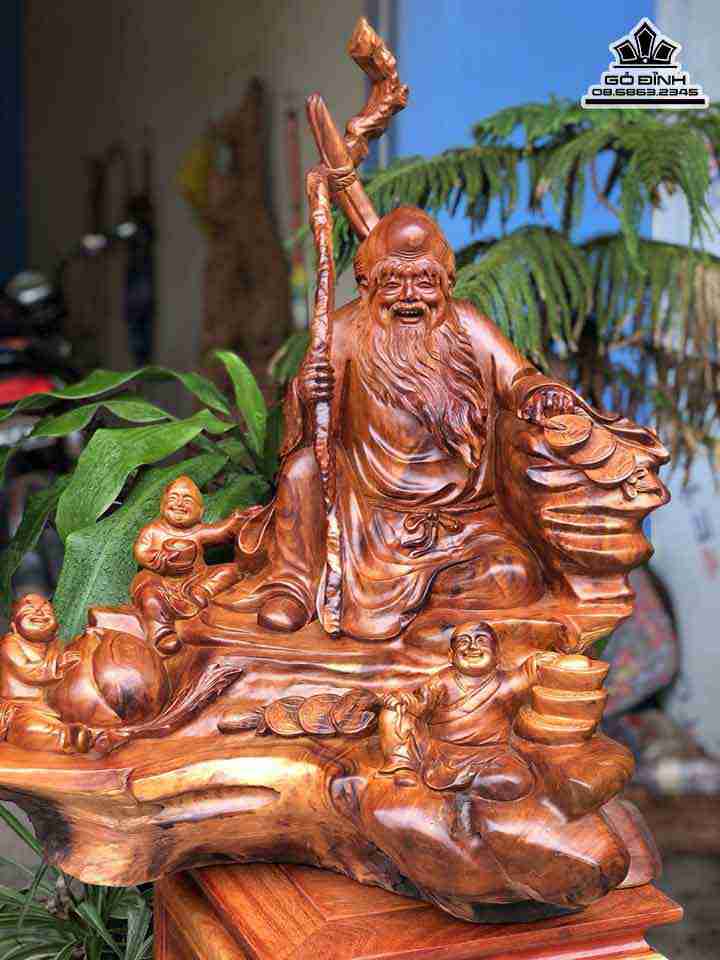 Tượng Ông Thọ Và Đàn Cháu Gỗ Hương  Cao 74  Ngang 55 Sâu 40 (cm)