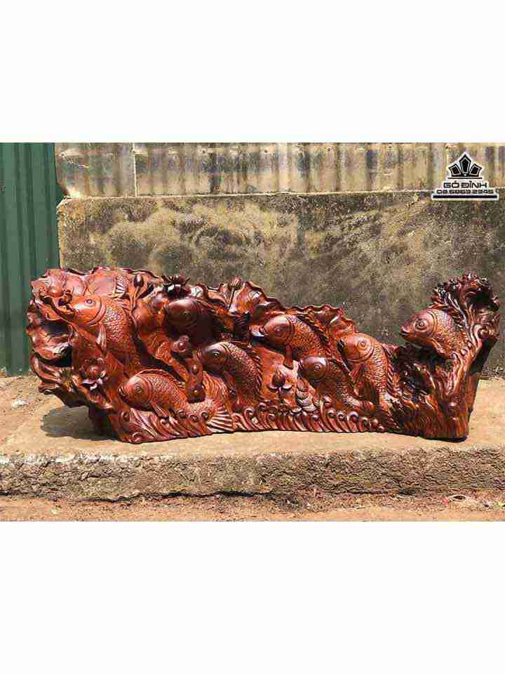 Tượng Bát Ngư Quần Sen Gỗ Hương  Ngang 108 Cao 40 Sâu 28 (cm)