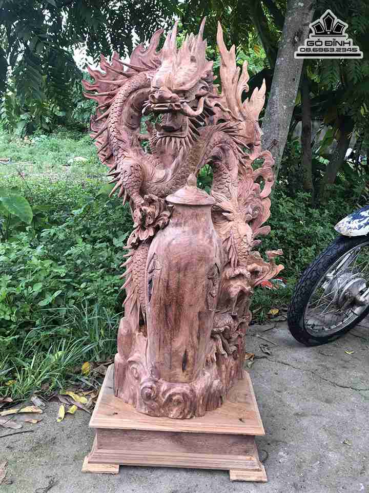 Tượng Nhất Long Quấn Bình Tài Lộc Gỗ Hương  Cao 106 Ngang 55 Sâu 37 (cm)
