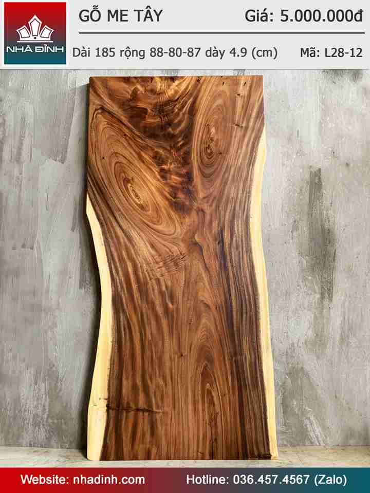 Mặt bàn gỗ me tây dai 185 rộng 88-80-87 day 4.9 (cm)