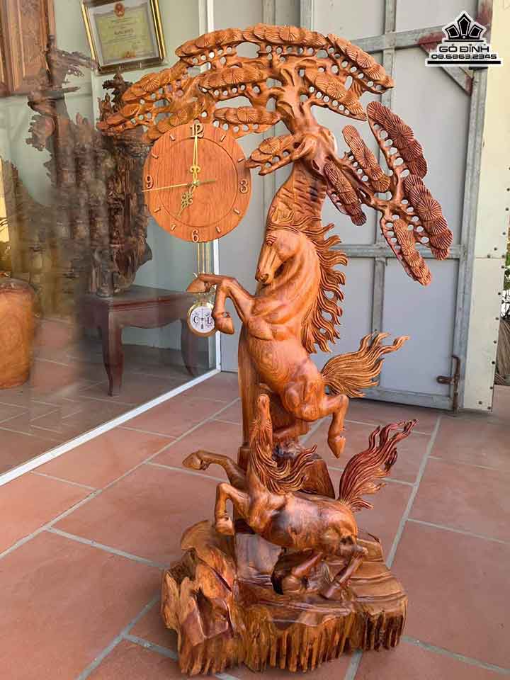 Tượng Song Mã Uyên Ương Gỗ Hương  Cao 107 Rộng 60 Dày 30 (cm)