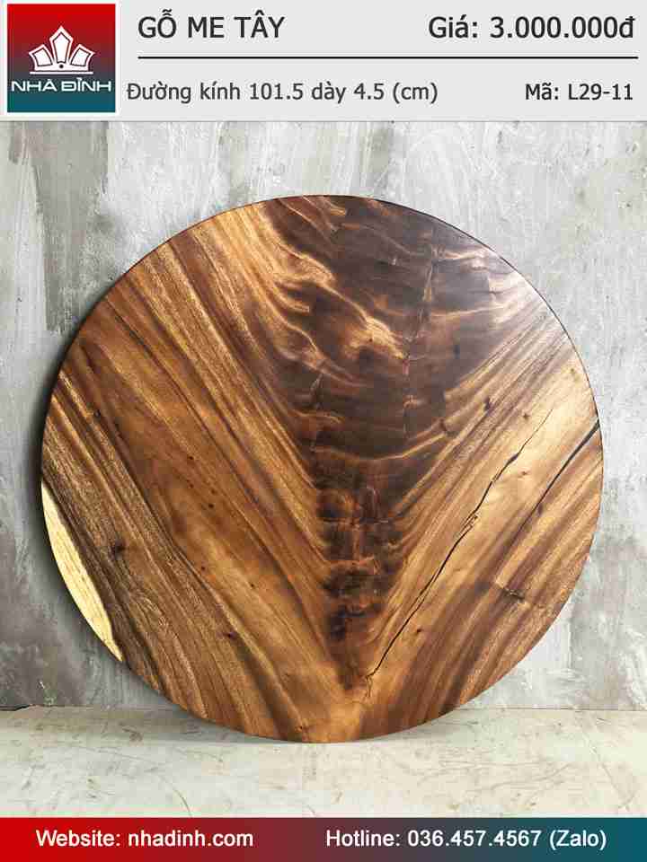 Mặt Bàn Tròn Gỗ Me Tây Nguyên Khối  Đường Kính 101.5 Dày 4.5 (cm)