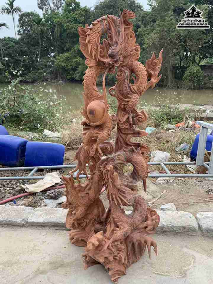 Tượng Song Long Vờn Ngọc Gỗ Hương  Cao 102 Rộng 46 Sâu 30 (cm)