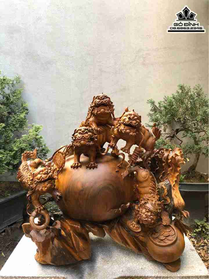 Tượng Ngũ Nghê Quần Hội Gỗ Bách Xanh  Cao 103 Ngang 105 Sâu 86 (cm)