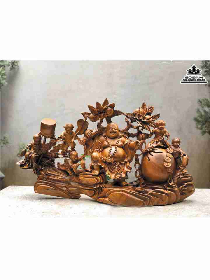 Tượng Phật Di Lặc Kéo Bao Tiền Gỗ Bách Xanh  Cao 46 Rộng 85 Dày 20 (cm)