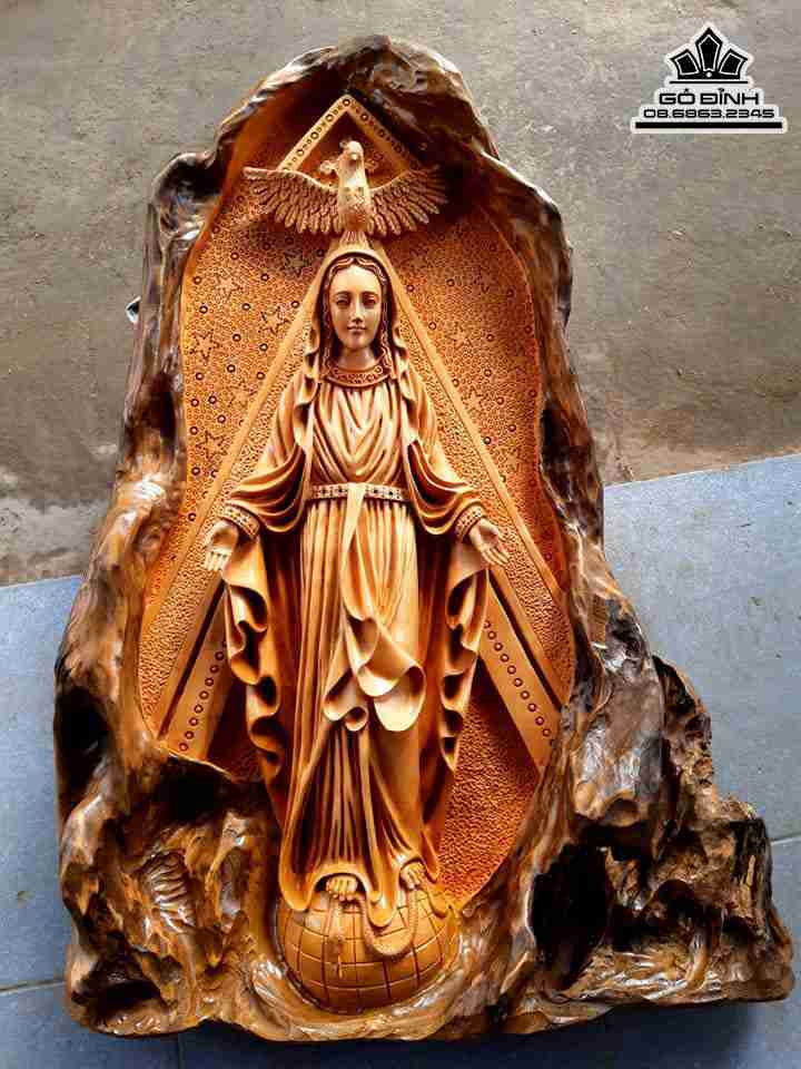 Tượng Đức Mẹ Maria Ban Ơn Gỗ Trai  Cao 90 Rộng 60 Dày 18 (cm)