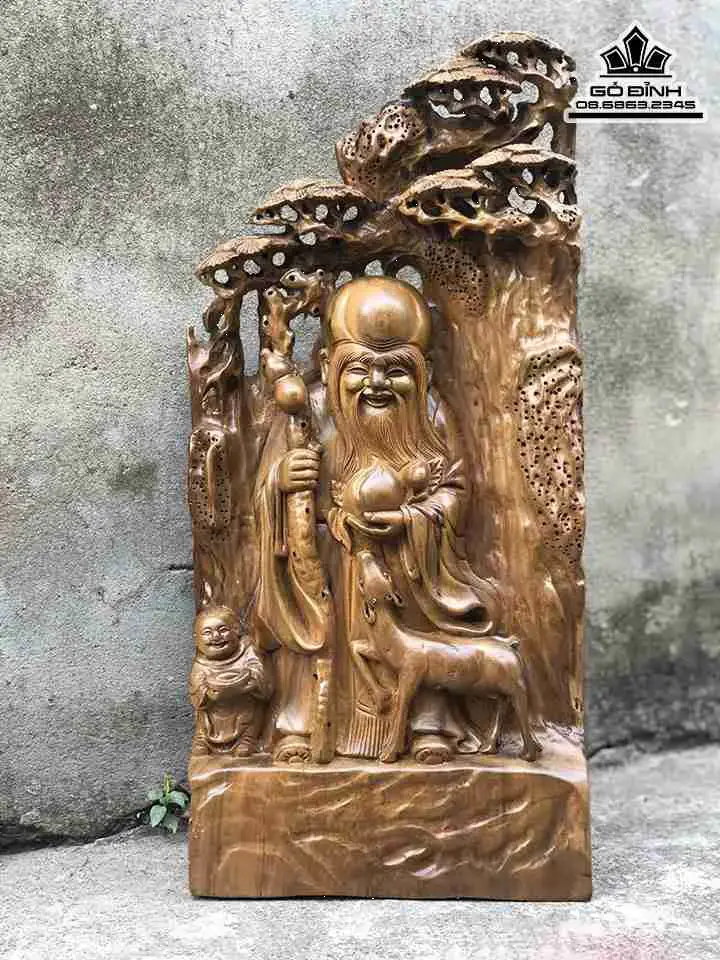 Tượng Ông Thọ Đứng Tùng Gỗ Bách Xanh  Cao 43 Rộng 23 Dày 6 (cm)