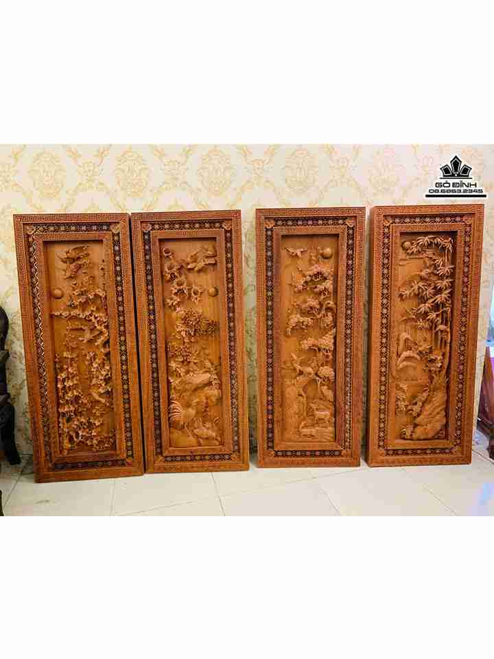 Tranh Tứ Quý Gỗ Hương Nguyên khối  Cao 138 Ngang 55 Dày 8 (cm)