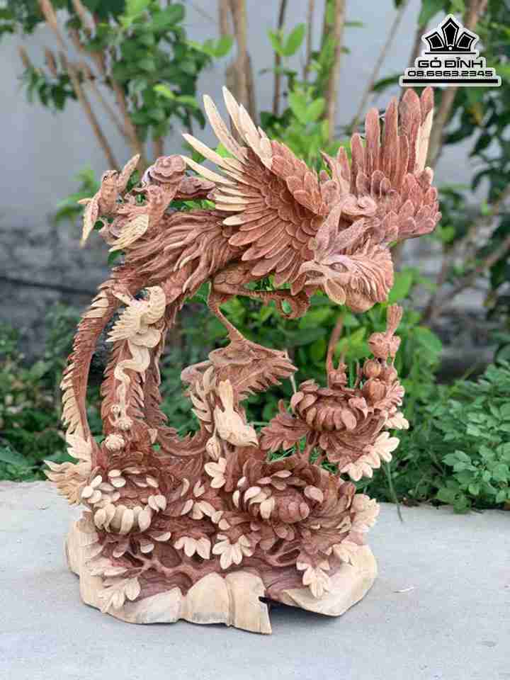 Tượng Ngũ Điểu Chầu Hoàng Gỗ Hương  Cao 68 Ngang 50 Sâu 25 (cm)