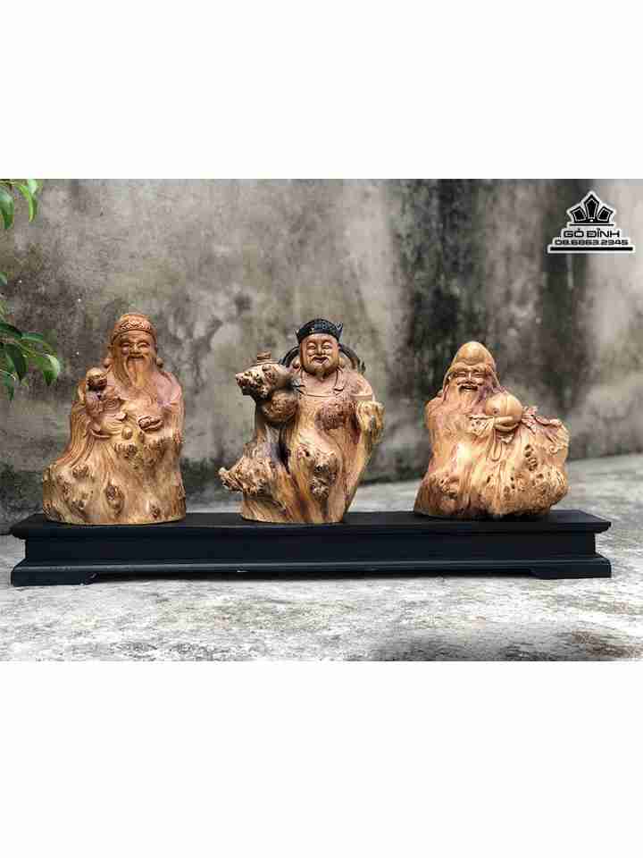 Tượng Tam Đa Phúc Lộc Thọ Gỗ Nu Bách Xanh  Cao 30 Ngang 23 Sâu 14 (cm)