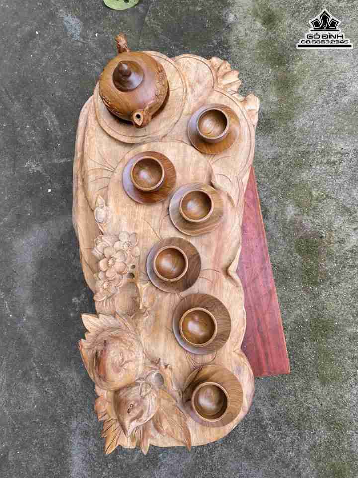 Khay Trà Gỗ Ngọc Am (Bao Gôm Ấm Chén) Cao 12 Dài 63 Rộng 32 (cm)