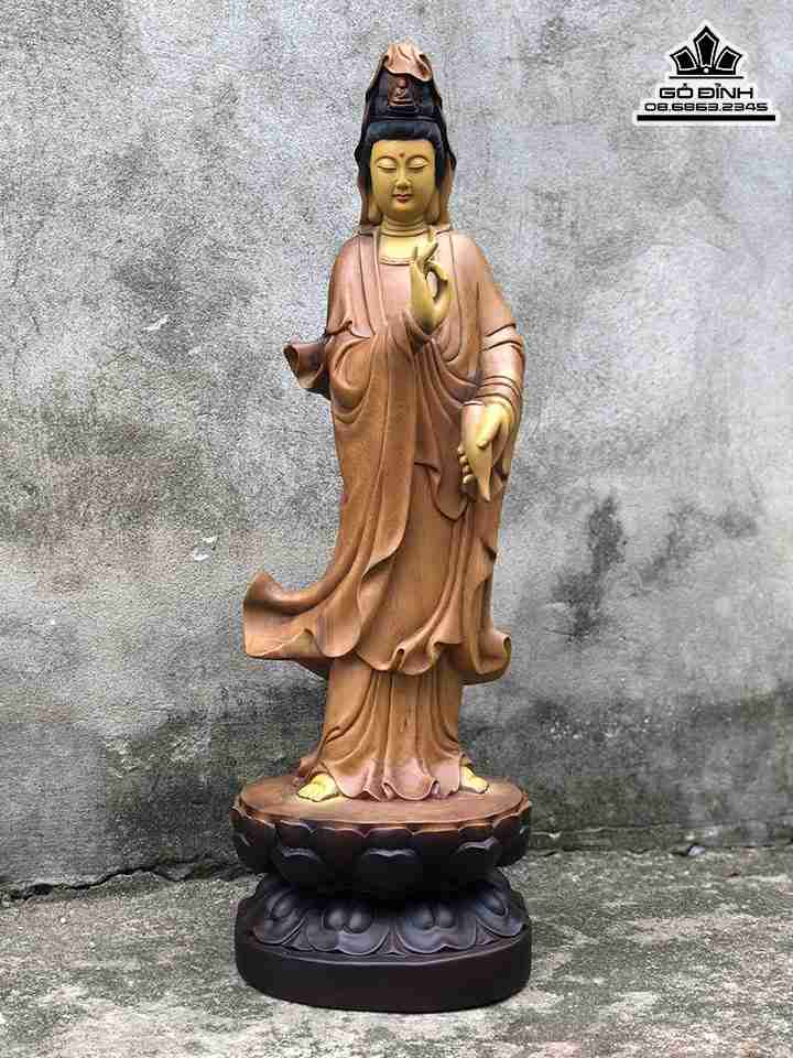 Tượng Phật Bà Quan Âm Gỗ Bách Xanh  Cao 61 Ngang 19 Sâu 19 (cm)