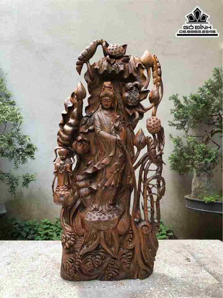 Tượng Phật Bà Quan Âm Gỗ Bách Xanh  Cao 90 Ngang 45 Sâu 20 (cm)