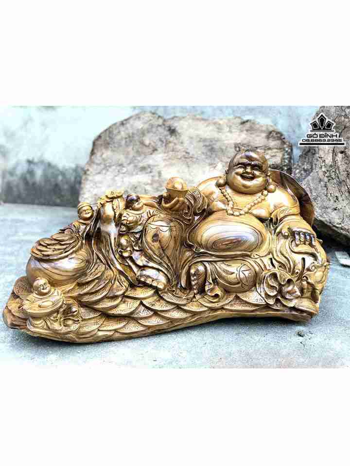 Tượng Phật Di Lặc Ngồi Tam Phúc Gỗ Bách Xanh  Cao 39 Ngang 86 Sâu 48 (cm)