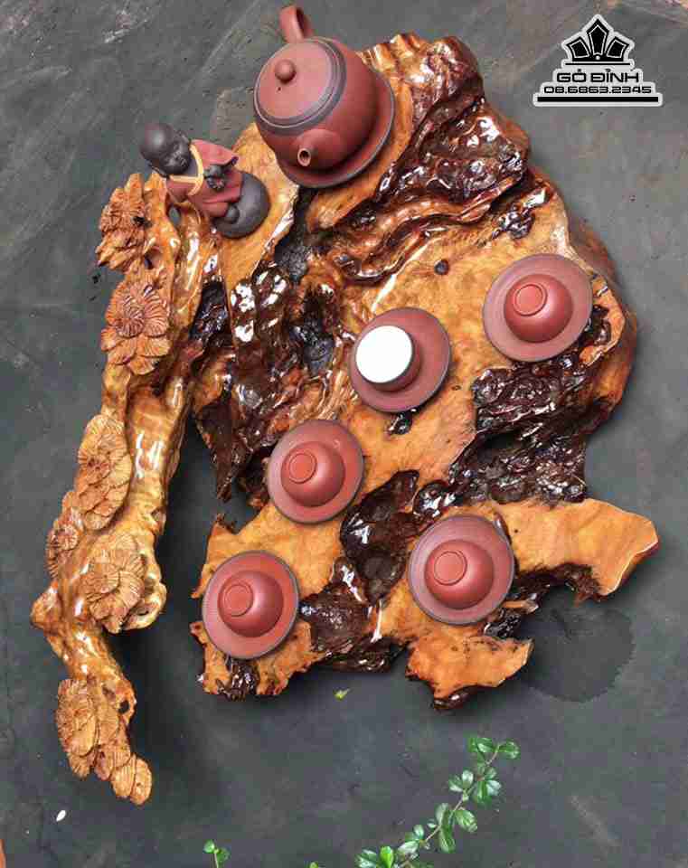 Khay Trà Nguyên Khối Gỗ Sụn Xá Xị ( Gù Hương )   Ngang 66 Rộng 54 Cao Nhất 20 (cm)