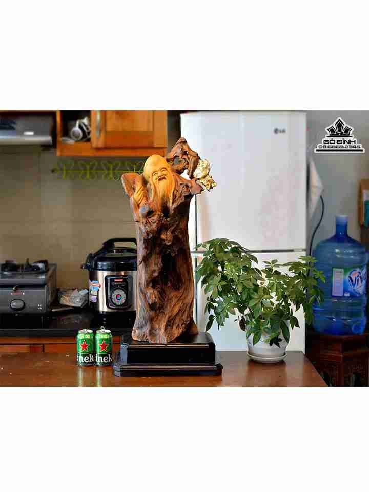 Tượng Ông Thọ Gỗ Lũa Bách Xanh  Cao 75 Ngang 35 Dày 20 (cm) ( cả kỷ )