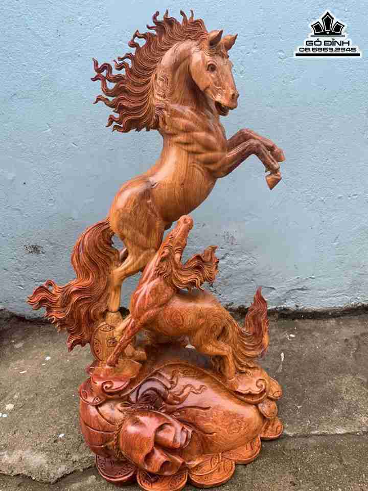 Tượng Song Mã Uyên Ương Gỗ Hương  Cao 69 Ngang 46 Sâu 26 (cm)