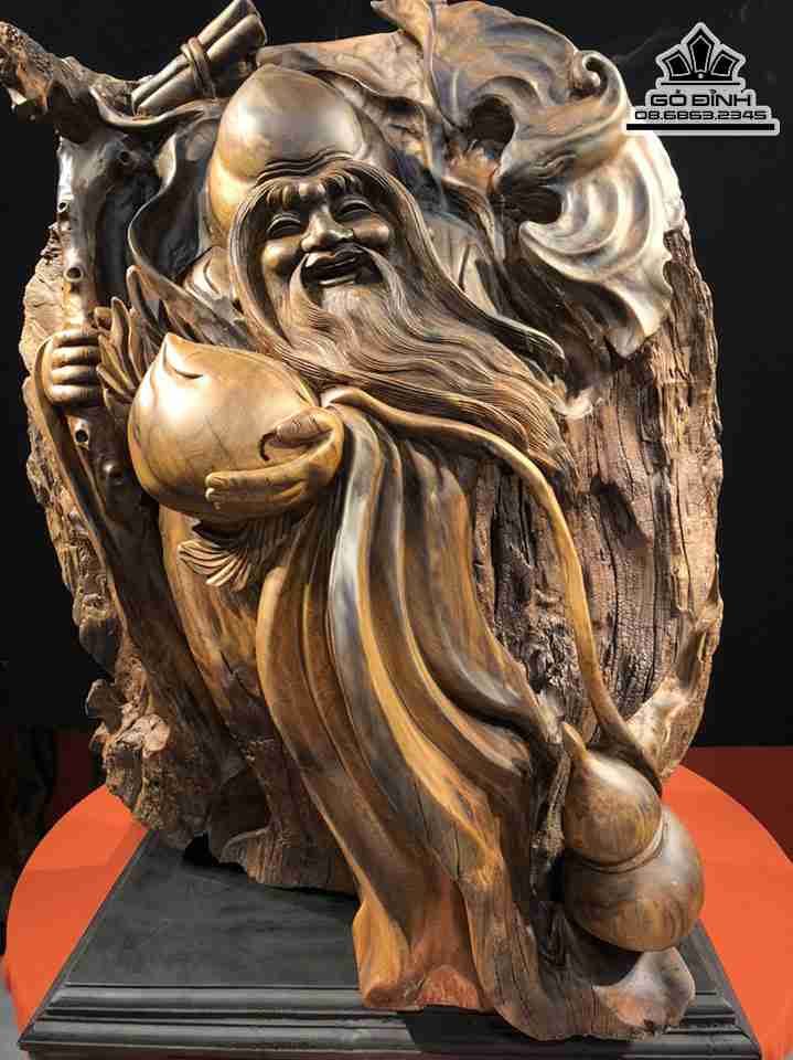 Tượng Ông Thọ Cầm Đào Tiên Gỗ Lũa Bách Xanh  Cao 70 Ngang 68 Sâu 35 (cm)