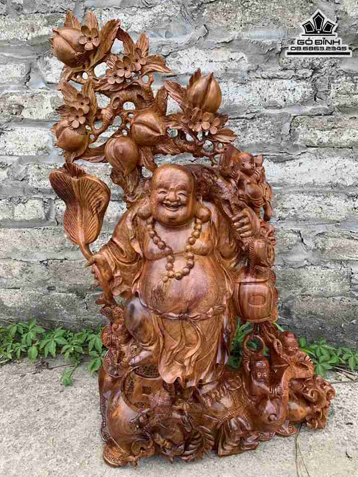 Tượng Phật Di Lặc Vác Cành Đào Gỗ Hương  Cao 90 Ngang  55 Sâu 25 (cm)