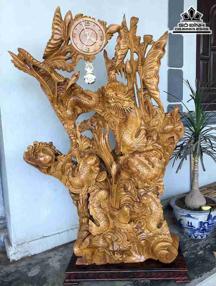 Tượng Cá Chép Hóa Rồng Gỗ Xá Xị ( Gù Hương )  Cao 158 Ngang 95 Sâu 32 (cm)