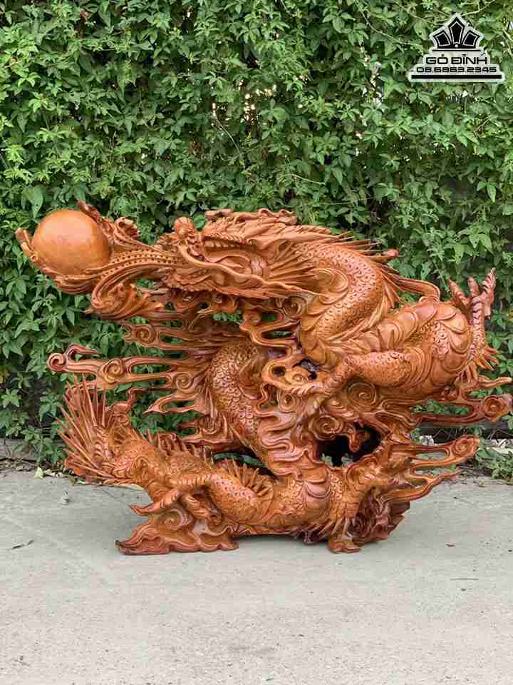 Tượng Rồng Vờn Ngọc Gỗ Hương  Cao 65 Ngang 90 Sâu 26 (cm)