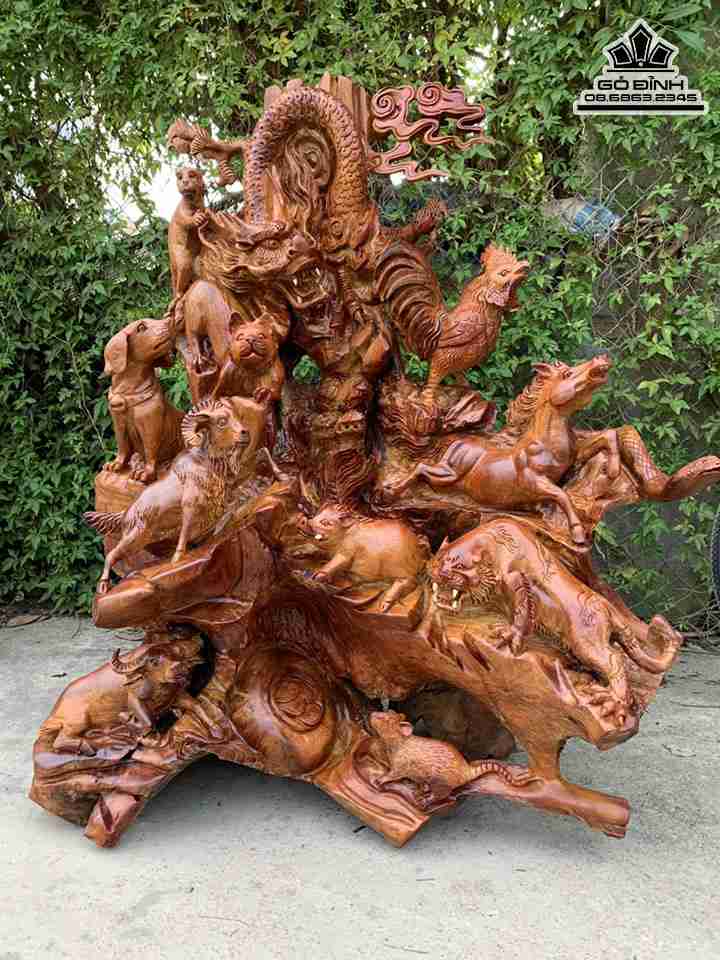 Tượng 12 Con Giáp Gỗ Hương  Cao ‭1m10 Ngang 90 Sâu 50 (cm)