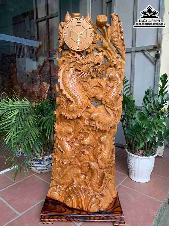 Tượng Cá Chép Hóa Rồng Gỗ Xá Xị ( Gù Hương )  Cao 145 ( Cả ky ) Ngang 57 Sâu 24 (cm)