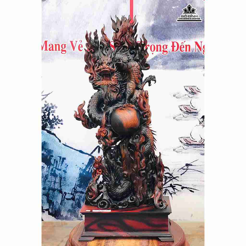 Tượng Nhất Long Quấn Ngọc Gỗ Trắc  Cao 98 Ngang 45 Sâu 33 (cm)