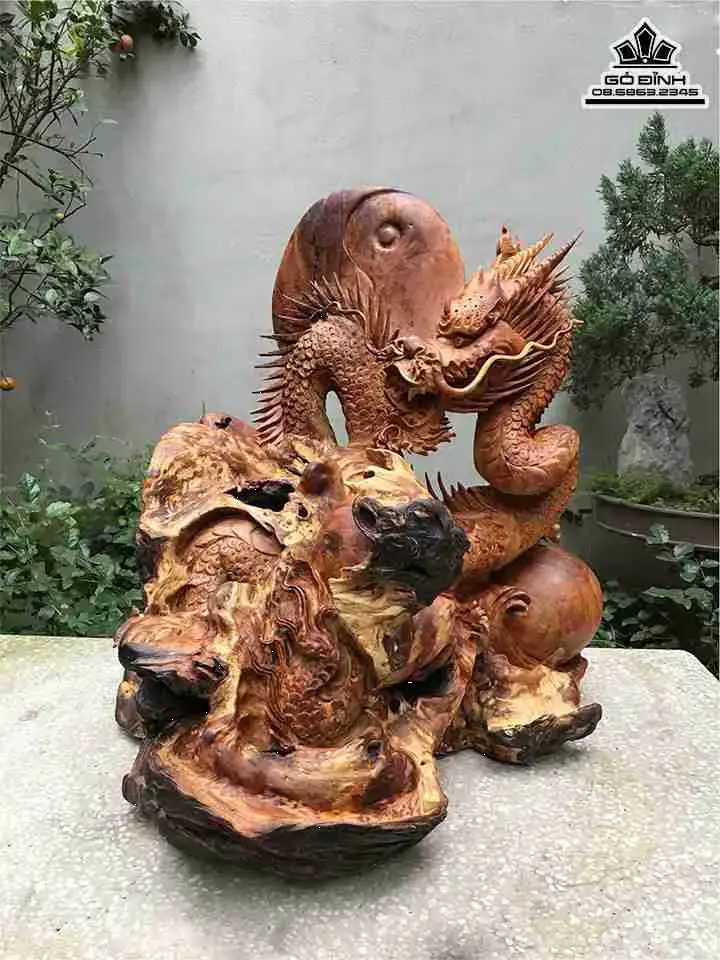 Tượng Nhất Long Quấn Ngọc Gỗ Sụn Hương  Cao 71 Ngang 62 Sâu 58 (cm)