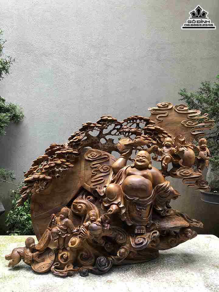 Tượng Phật Di Lặc Ngũ Phúc Gỗ Bách Xanh  Cao 70 Ngang 85 Sâu 33 (cm)