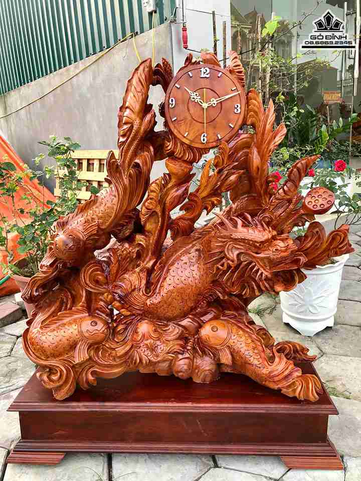 Đồng Hồ Cá Chép Hóa Rồng Gỗ Hương Việt  Cao 100 Ngang 80 Sâu 35 (cm)