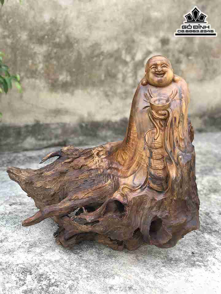 Tượng Phật Di Lặc Gỗ Lũa Bách Xanh  Cao 48 Ngang 52 Sâu 32 (cm)