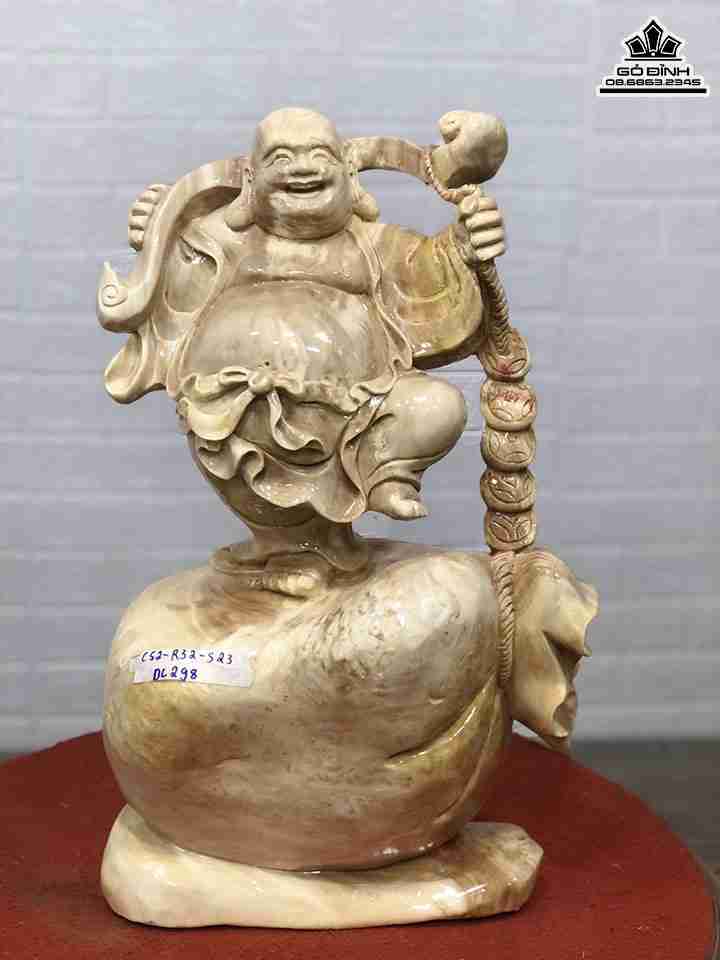 Tượng Phật Di Lặc Đứng Bao Tiền Gỗ Nu Nghiến  Cao 52 Ngang 32 Sâu 23 (cm)