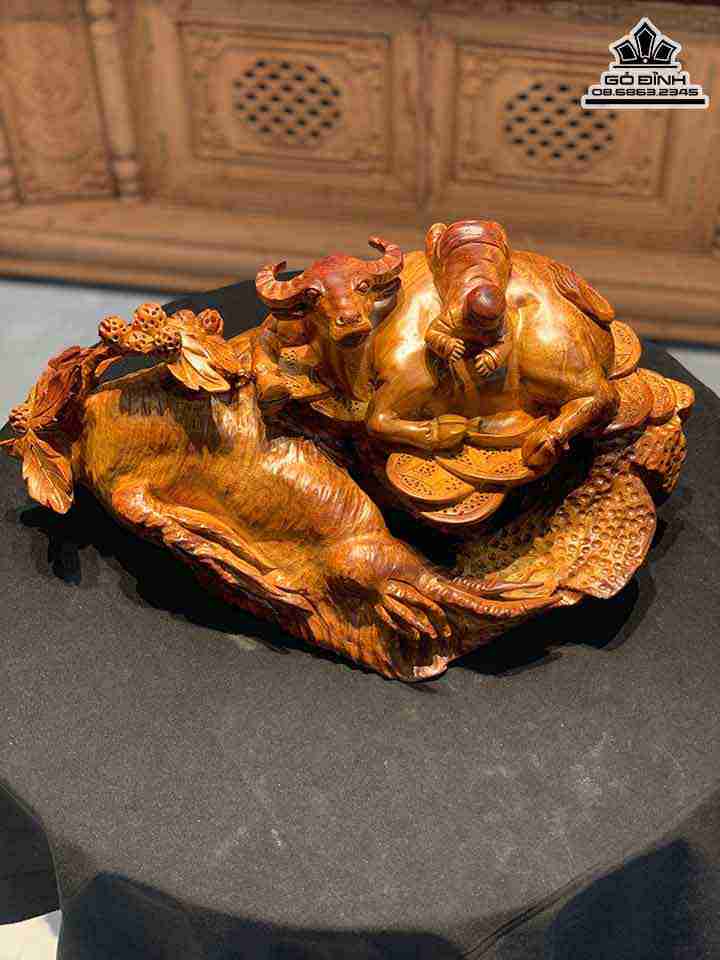 Tượng Tiểu Đồng Chăn Trâu Gỗ Hương  Cao 24 Rộng 50 Dày 30 (cm)