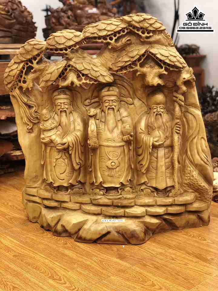 Tượng Tam Đa Phúc Lộc Thọ Gỗ Xá Xị Gù Hương  Cao 74 Ngang 67 Sâu 25 (cm)