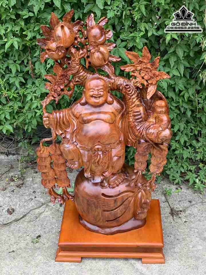 Tượng Phật Di Lặc Vác Cành Đào Gỗ Hương   Cao 90 Ngang 45 Sâu 20 (cm)‬