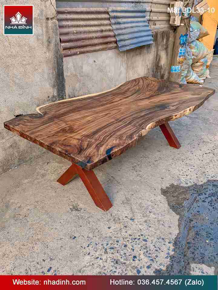 Bàn Làm Việc, Bàn Ăn Gỗ Me Tây Nguyên Khối  Dài 214 Rộng 105-95-106 Dày 5 Cao 75 (cm)